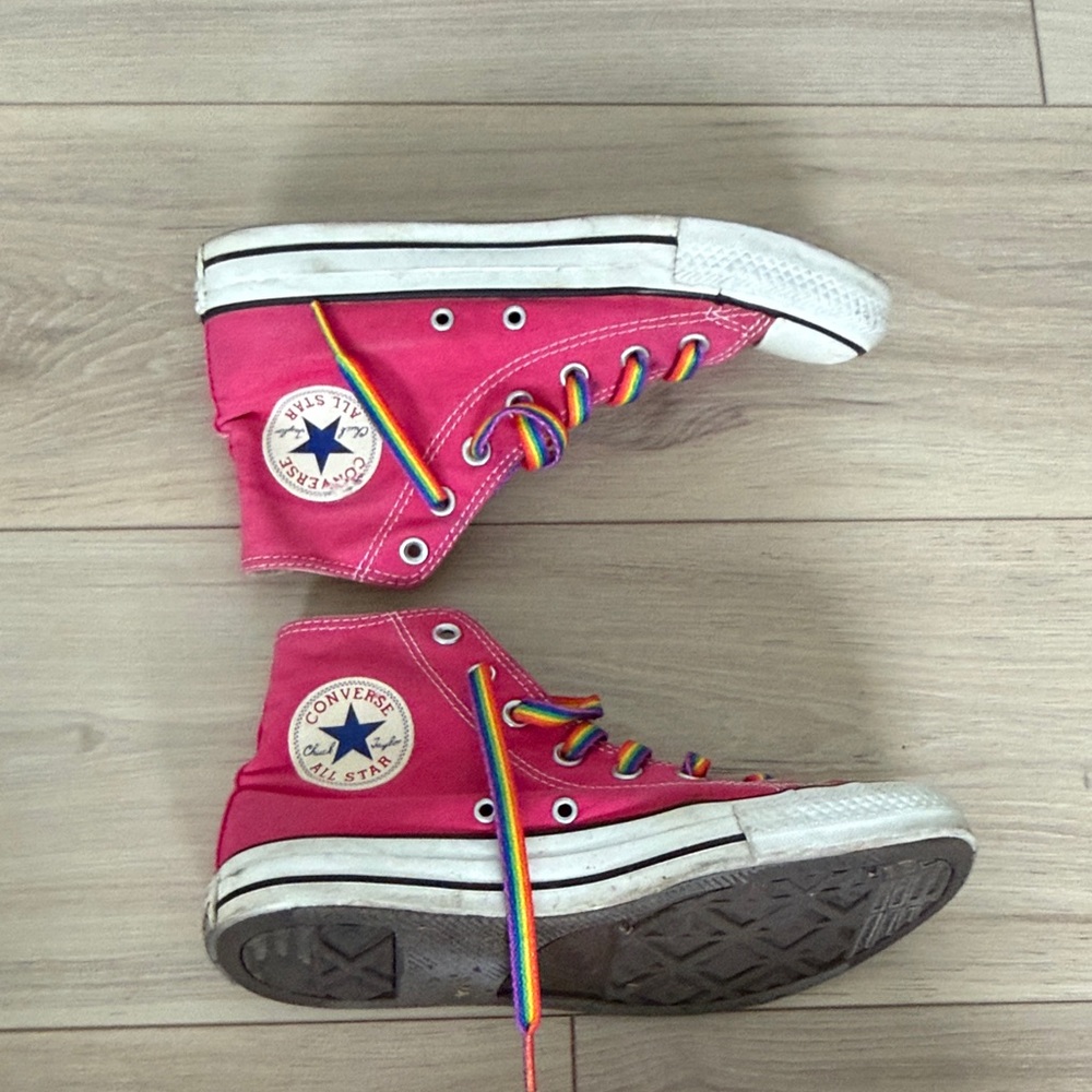 Converse Pink High-Top Sneakers with Rainbow Laces